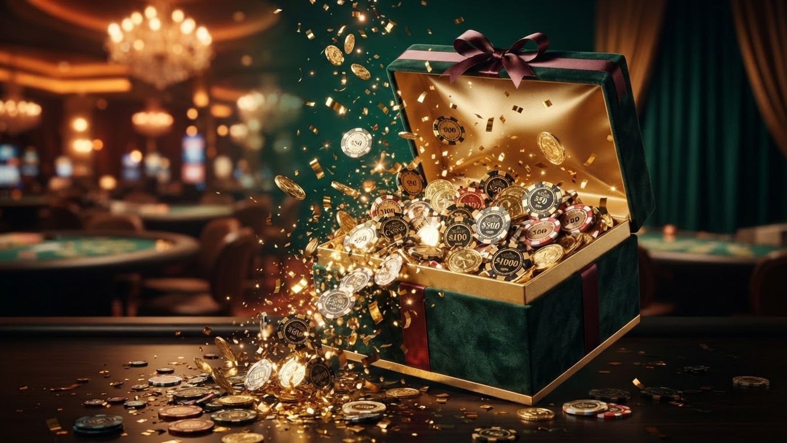 Coffret cadeau ouvert avec confettis et jetons dorés, symbole du bonus de bienvenue DublinBet