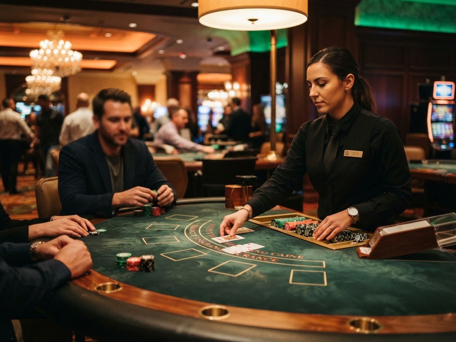 Table de blackjack en direct avec croupier souriant sur le casino en direct DublinBet