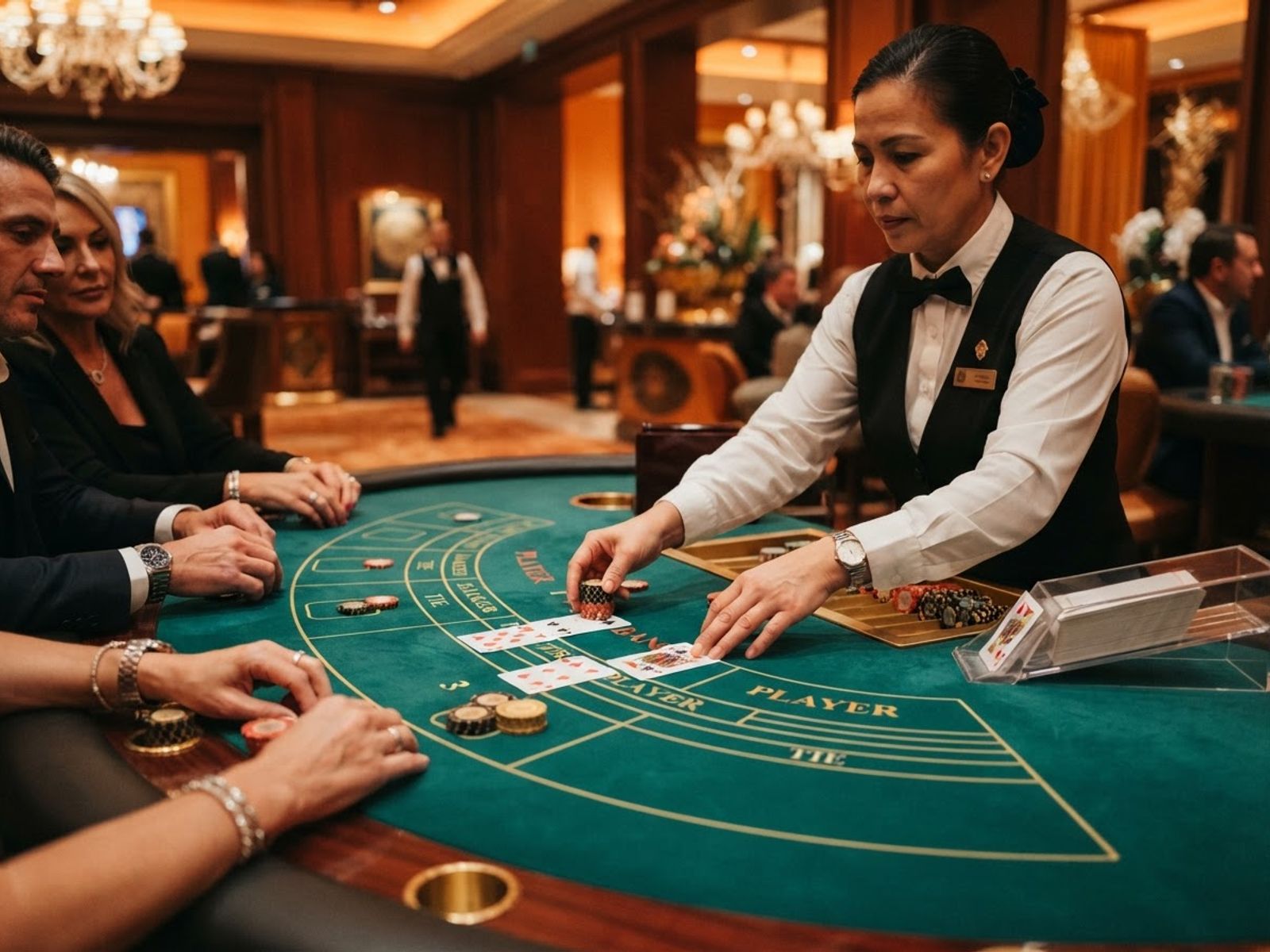 Table de baccarat en direct avec cartes sur tapis